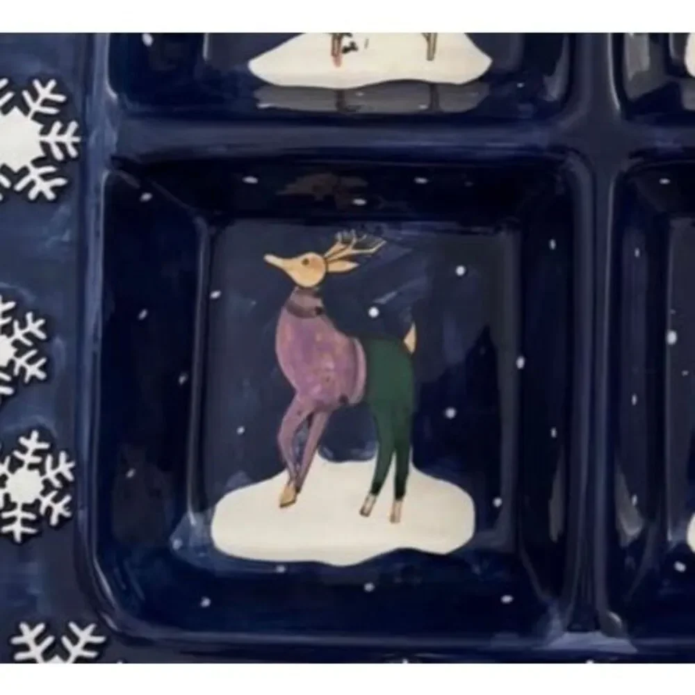 CIC Rebecca Ruegger Christmas Reindeer 4-part square divided platter